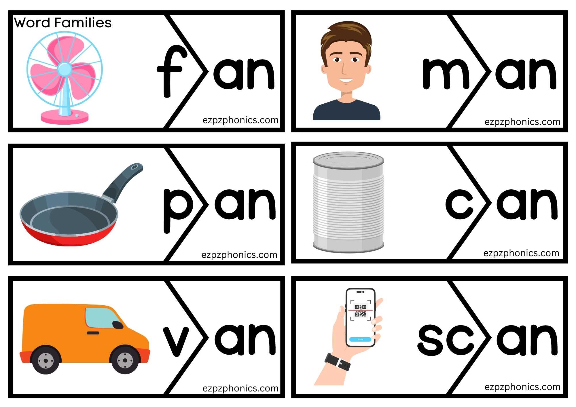 Word Family an word puzzle match. This set includes the words; van, pan, fan, man and scan